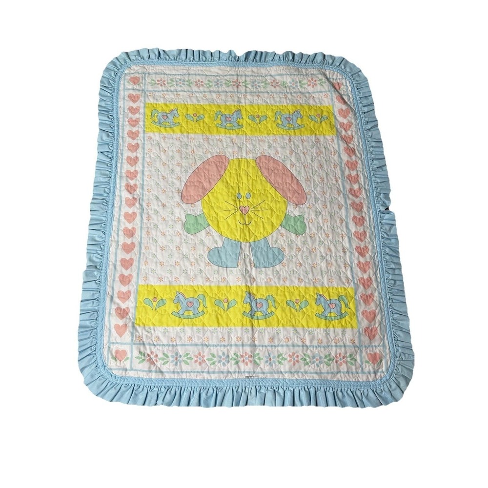Vintage General greeting Co. baby crib blanket comforter blue fringe